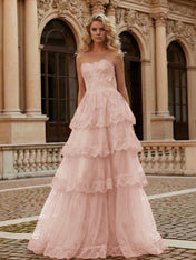 Red Tiered Tulle Strapless Lace Bodice A-Line Long Prom Dress