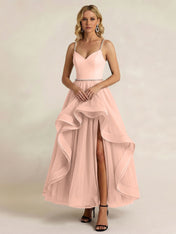 Black Tulle Ruffled A Line Long Formal Dress with Slit