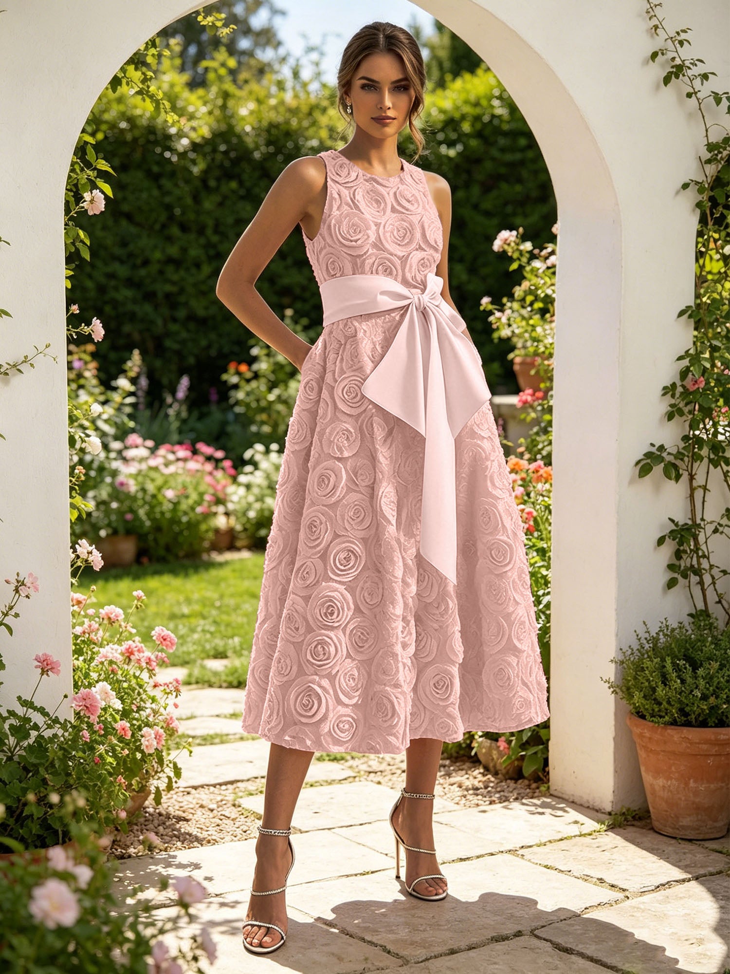 Pink 3D Floral Bow Crew Neck A-Line Midi Dress