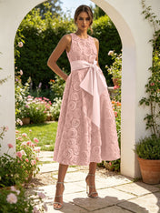 Pink 3D Floral Bow Crew Neck A-Line Midi Dress