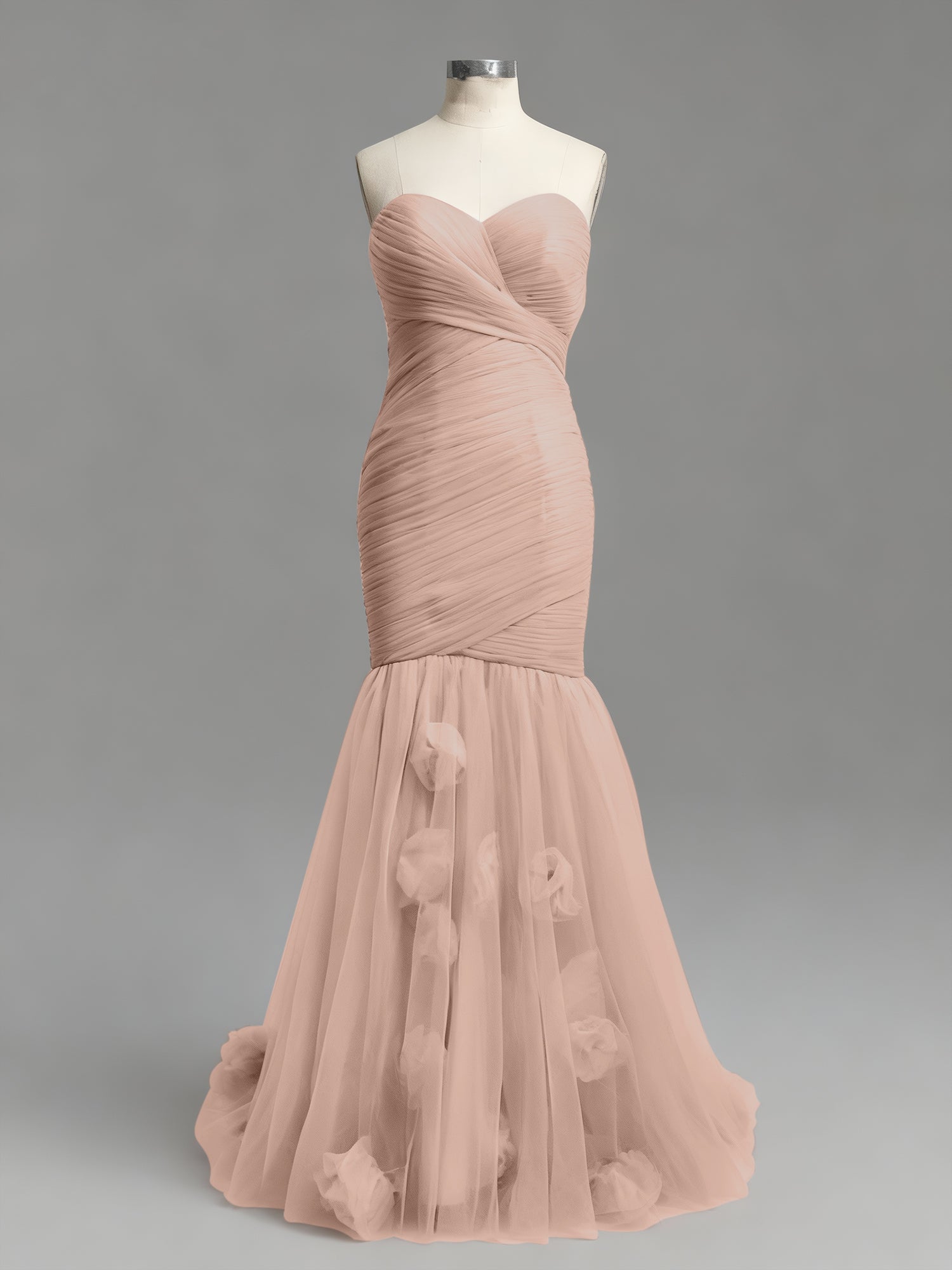 Dusty Rose Mermaid Strapless Ruched Tulle Prom Dress with 3D Floral