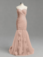 Dusty Rose Mermaid Strapless Ruched Tulle Prom Dress with 3D Floral