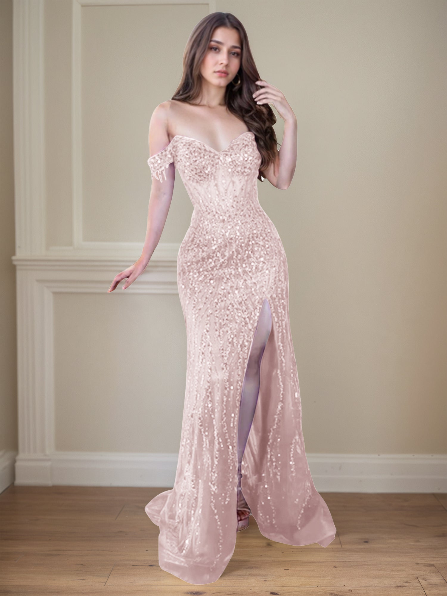 Red Off-the-Shoulder Beaded Tulle Long Prom Dress with Swirling Sequins