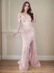 Red Off-the-Shoulder Beaded Tulle Long Prom Dress with Swirling Sequins