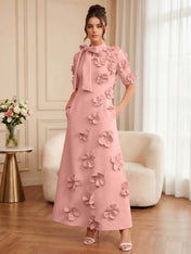 Pink Short Sleeve 3D Floral Maxi Dress Gown