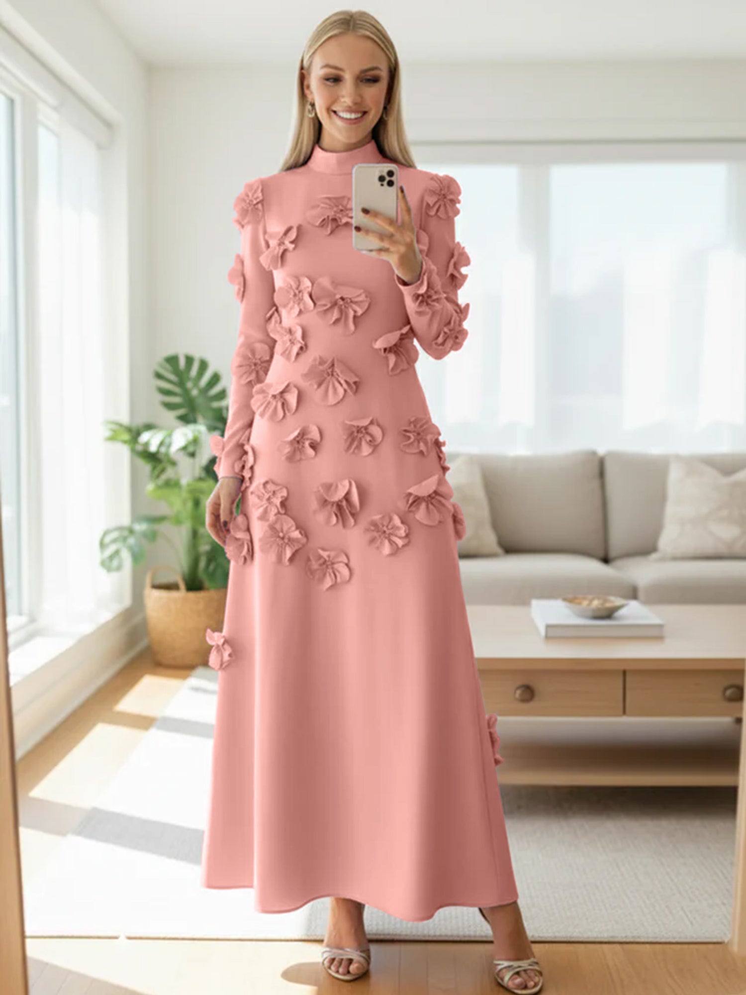 A Line High Neck Long Sleeves Floor Length Stretch Crepe Dress With 3D Flowers