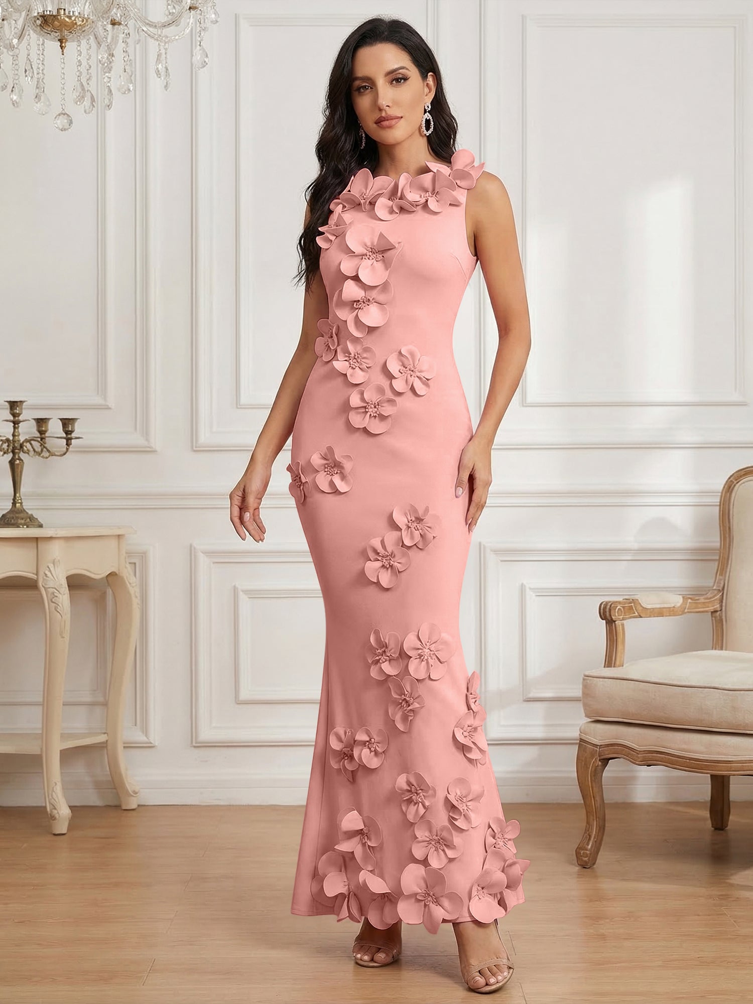 Romantic Pink Sleeveless 3D Floral Mermaid Gown
