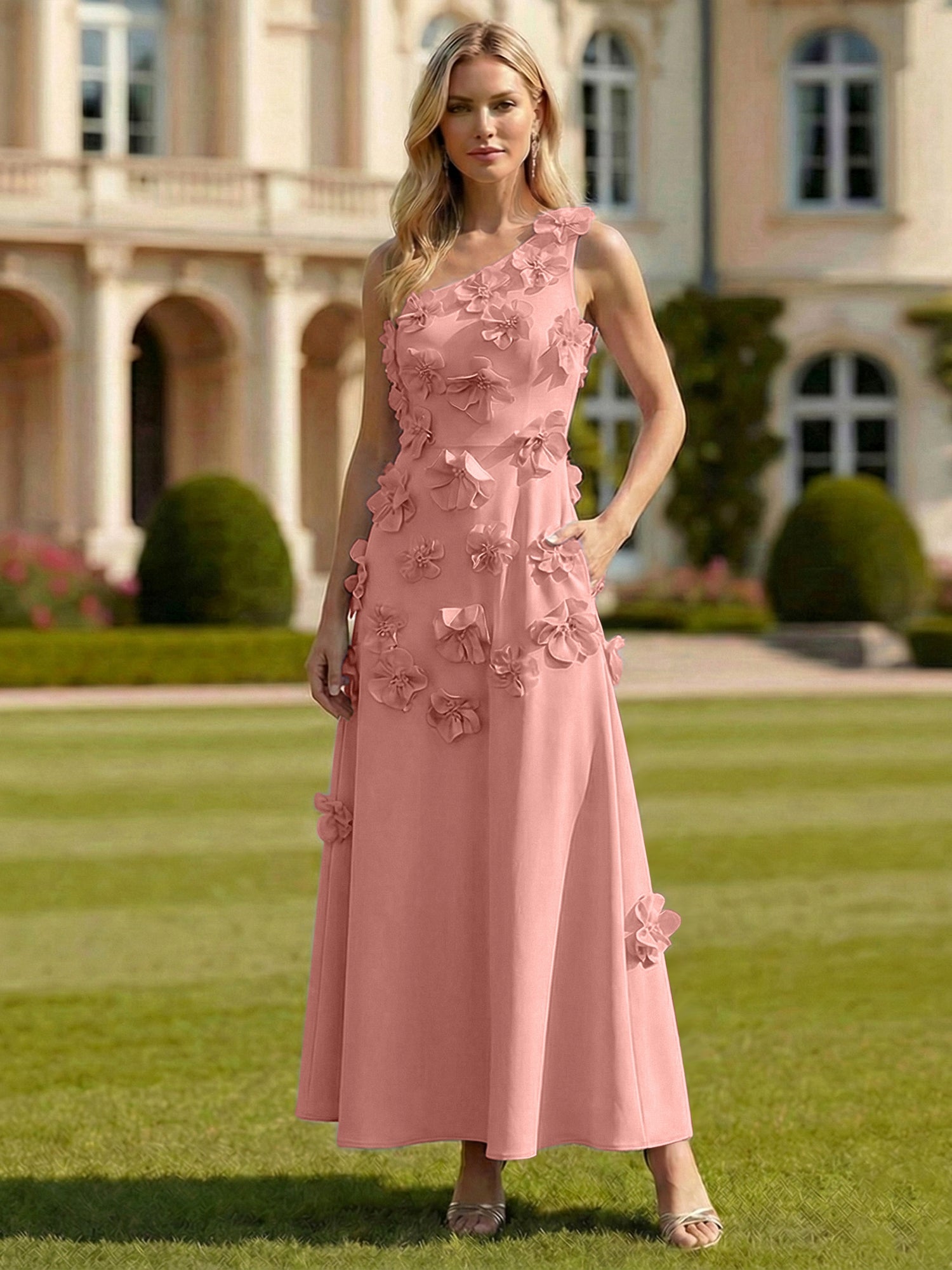 A Line One Shoulder Sleeveless Floor Length Stretch Crepe Dress With 3D Flowers