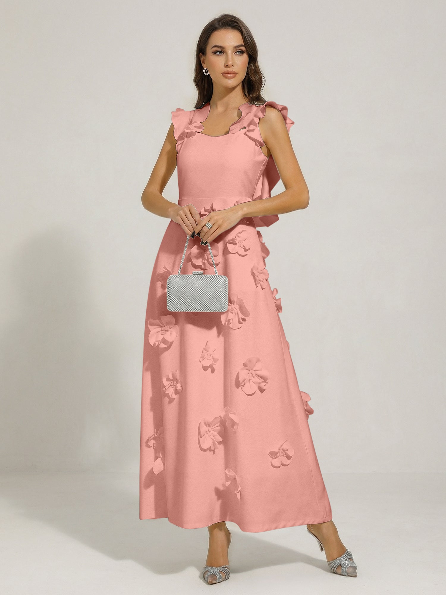 Chic White 3D Flowers A-Line Floor Length Stretch Crepe Dress with Pockets Maxi Dress