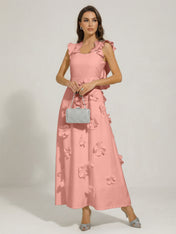 Chic White 3D Flowers A-Line Floor Length Stretch Crepe Dress with Pockets Maxi Dress