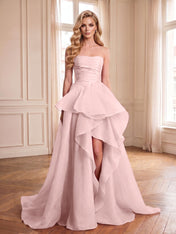 Formal Evening Tiered Dress Pink Strapless Maxi Gown