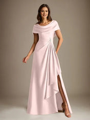 A-Line Scoop Floor-Length Stretch Satin Mother of the Bride Dress With Cascading Ruffles