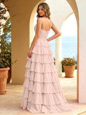 Pink Lace Corset Tiered Ruffle Long Prom Dress