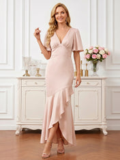Blush Flutter Sleeve  Mermaid Dress with Ruffle Hem Mother of the Bride Dresses