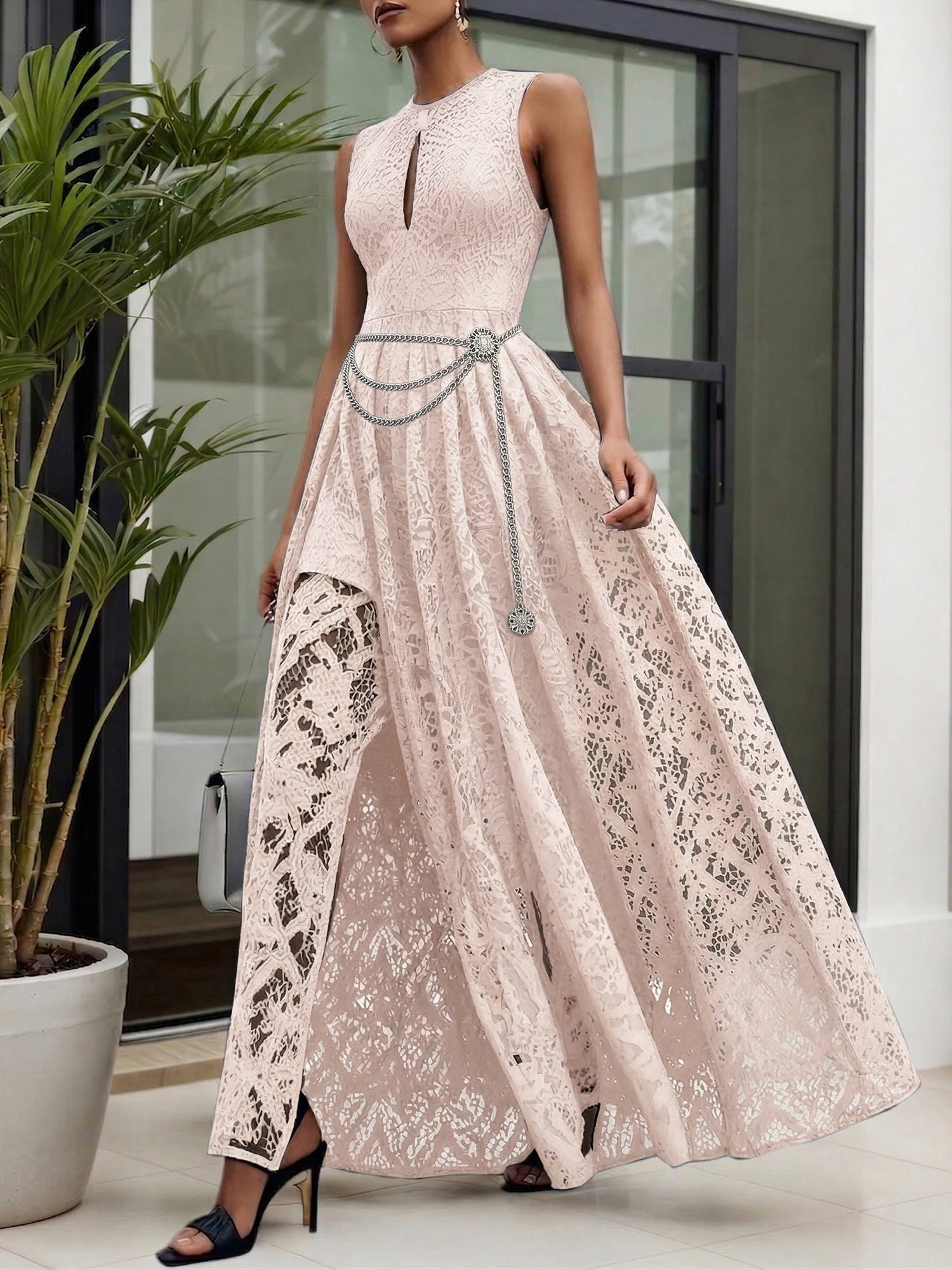 Midnight Black Lace Hollow Out Crew Neck Sleeveless A-Line Maxi Dress