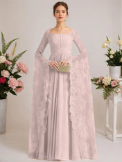 A-line Square Floor-Length Chiffon Lace Evening Dress With Beading Pleated