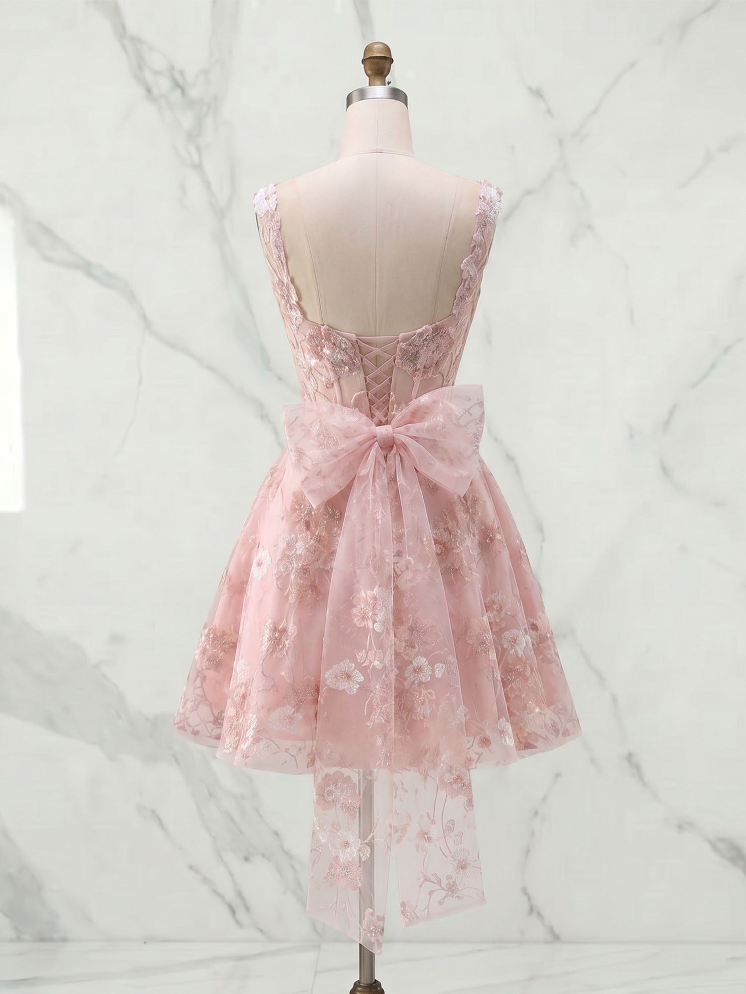 Blush Pink Floral Embroidered Corset Homecoming Dress with Bow