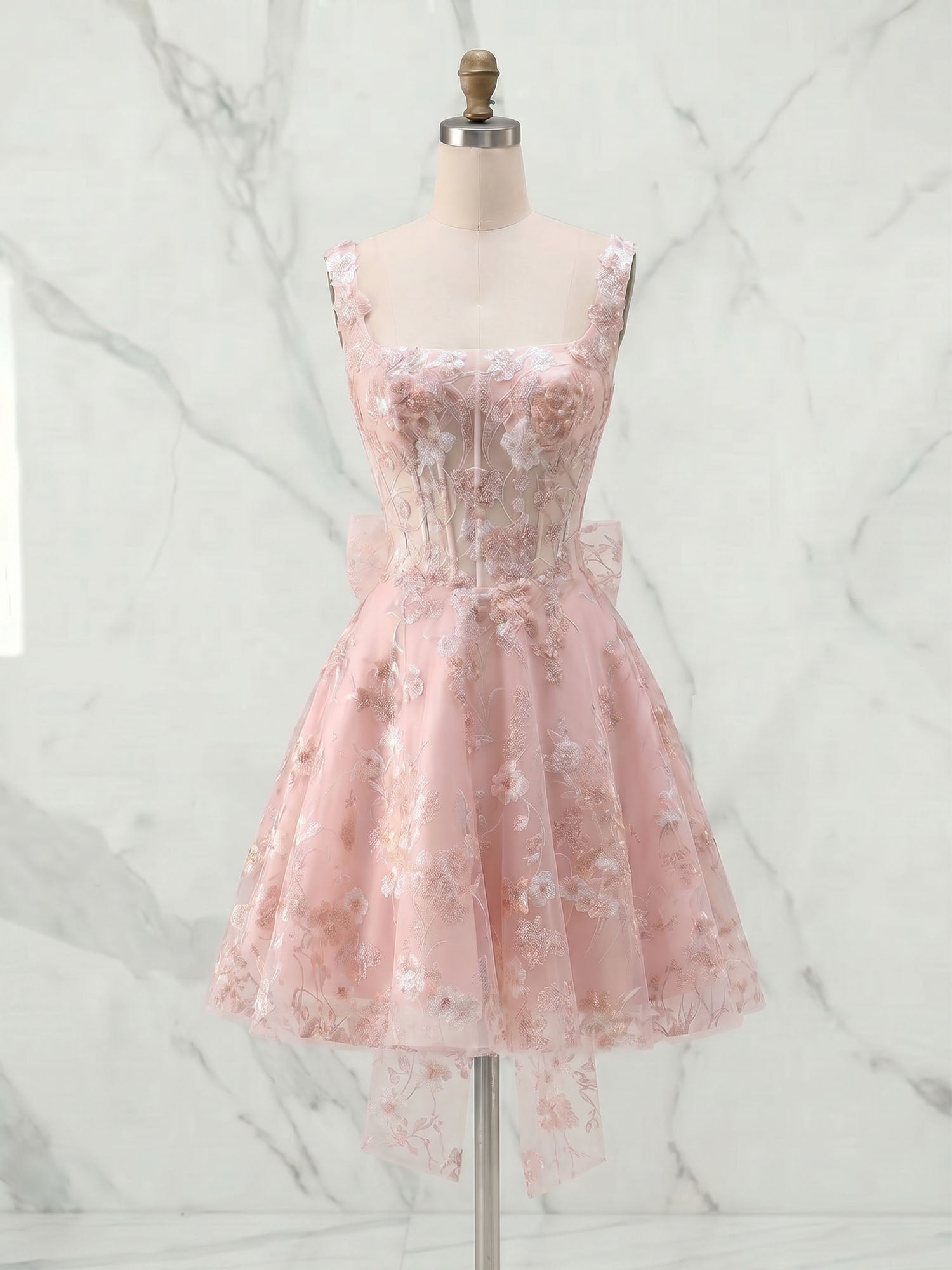 Blush Pink Floral Embroidered Corset Homecoming Dress with Bow