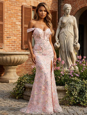 Blush Pink Floral Embroidered Off-the-Shoulder Long Prom Dress