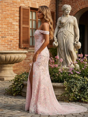 Blush Pink Floral Embroidered Off-the-Shoulder Long Prom Dress