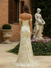 Blush Pink Floral Embroidered Off-the-Shoulder Long Prom Dress