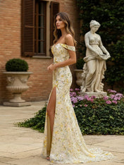 Blush Pink Floral Embroidered Off-the-Shoulder Long Prom Dress