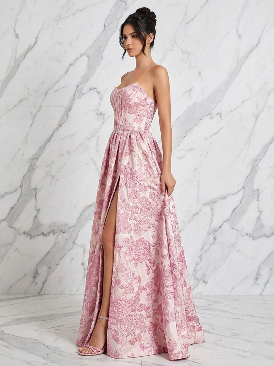 Blush Pink Jacquard Strapless Corset Bodice Long Prom Dress with High Slit