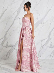 Blush Pink Jacquard Strapless Corset Bodice Long Prom Dress with High Slit