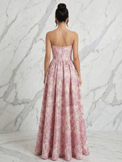 Blush Pink Jacquard Strapless Corset Bodice Long Prom Dress with High Slit