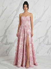 Blush Pink Jacquard Strapless Corset Bodice Long Prom Dress with High Slit