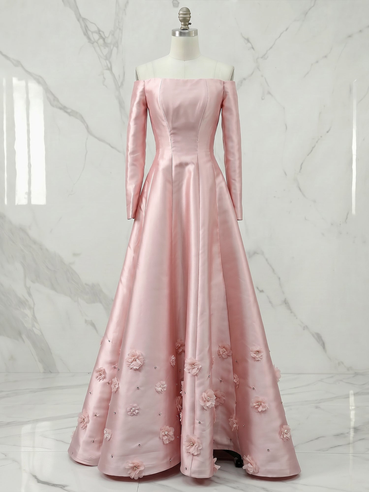 Blush Pink Long-Sleeve Off-The-Shoulder 3D Floral Formal Evening Gown
