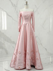 Blush Pink Long-Sleeve Off-The-Shoulder 3D Floral Formal Evening Gown