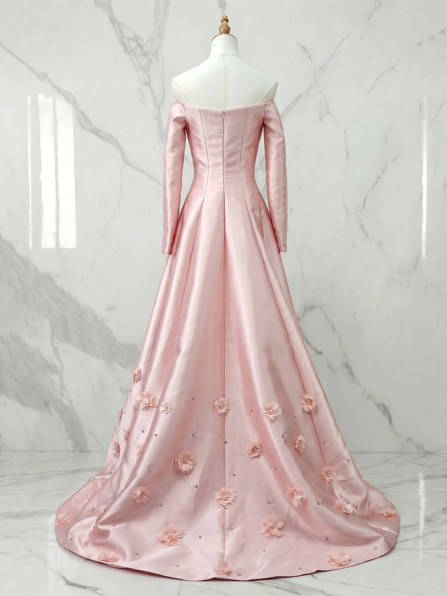 Blush Pink Long-Sleeve Off-The-Shoulder 3D Floral Formal Evening Gown