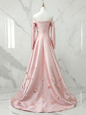 Blush Pink Long-Sleeve Off-The-Shoulder 3D Floral Formal Evening Gown