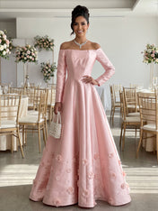 Blush Pink Long-Sleeve Off-The-Shoulder 3D Floral Formal Evening Gown