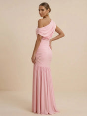 Blush Pink One-Shoulder Sheath Gown Cape Sleeve Mother of the Bride Dresses Evening Dress