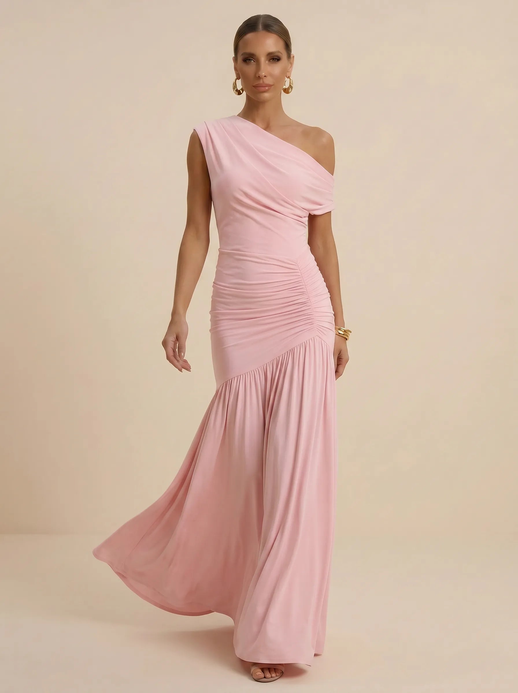 Blush Pink One-Shoulder Sheath Gown Cape Sleeve Mother of the Bride Dresses Evening Dress