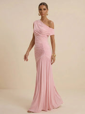 Blush Pink One-Shoulder Sheath Gown Cape Sleeve Mother of the Bride Dresses Evening Dress