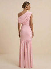 Blush Pink One-Shoulder Sheath Gown Cape Sleeve Mother of the Bride Dresses Evening Dress