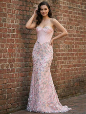 Blush Pink Prom Dress with Enchanted Floral 3D Appliqué Corset