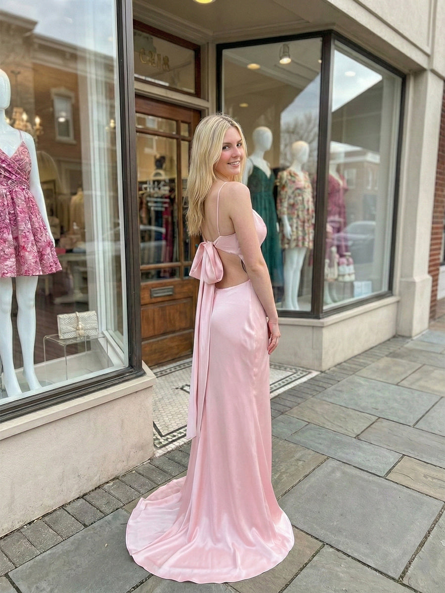 Blush Pink Satin V-Neck Slip Formal Prom Dress