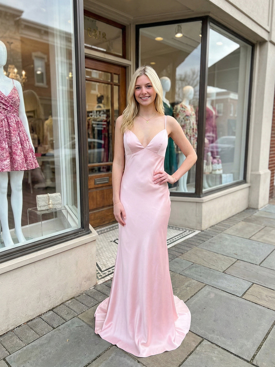 Blush Pink Satin V-Neck Slip Formal Prom Dress