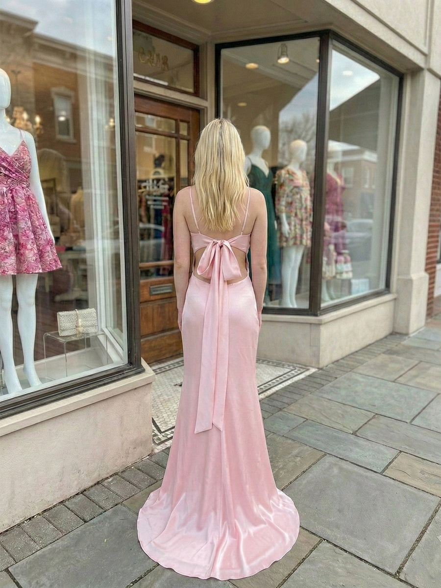 Blush Pink Satin V-Neck Slip Formal Prom Dress