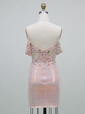 Blush Pink Sequin Floral Off-the-Shoulder Homecoming Dress