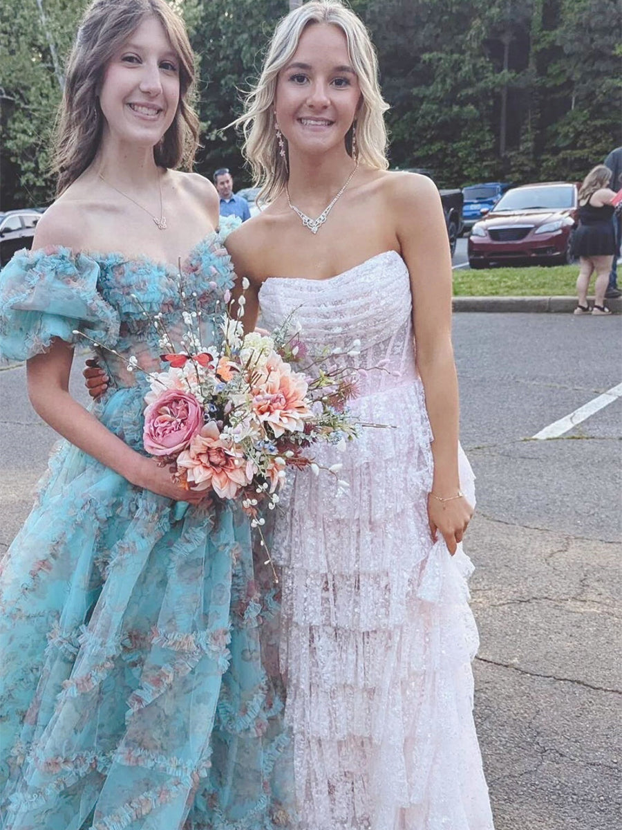 Blush Pink Sequin Tiered Ruffle Long Prom Dress