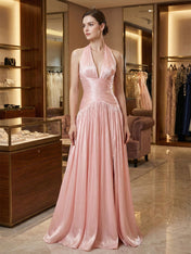 Blush Pink Shimmer Plunge Halter Long Prom Dress