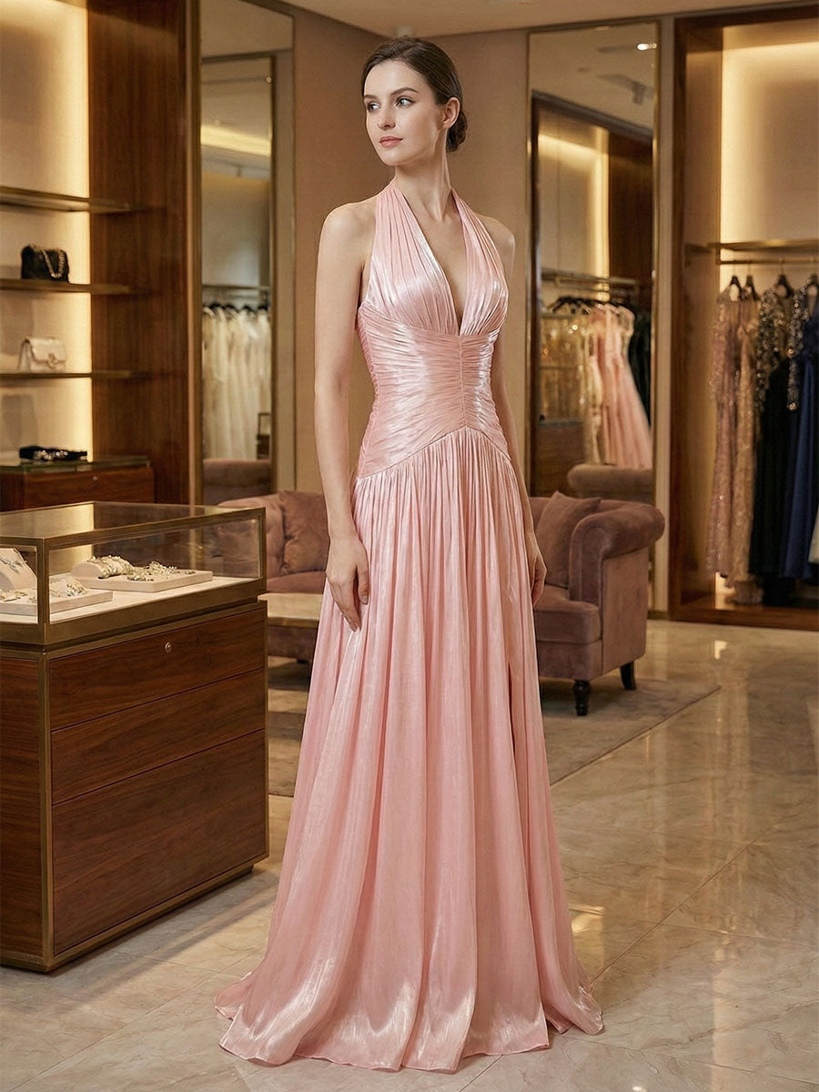 Blush Pink Shimmer Plunge Halter Long Prom Dress