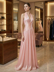 Blush Pink Shimmer Plunge Halter Long Prom Dress