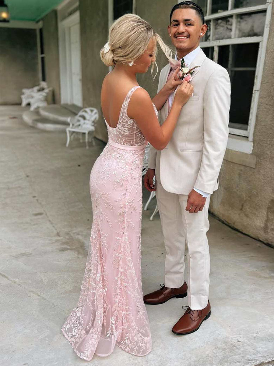 Blush Pink Square Neck Sequin Prom Dress with Satin Bow Belt