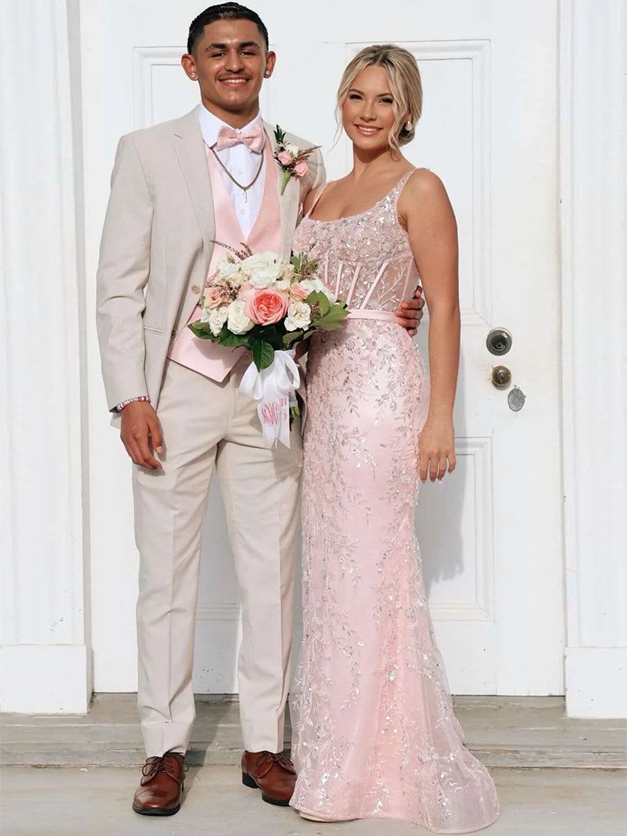 Blush Pink Square Neck Sequin Prom Dress with Satin Bow Belt